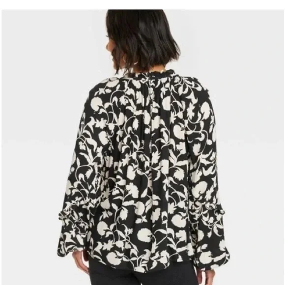 Knox Rose Balloon Sleeve Tassel Top Black and Cream Floral Flowy Swingy Sz XXL - Picture 2 of 10